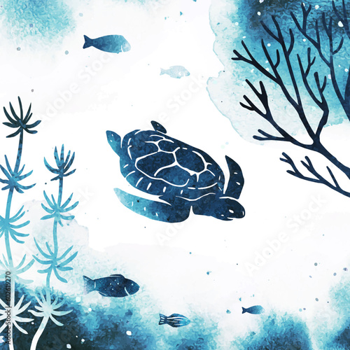 Vector silhouette of fish, turtle and seaweed. Watercolor seascape illustration with splashes. Marine underwater life. Useful for poster, print, banner, card