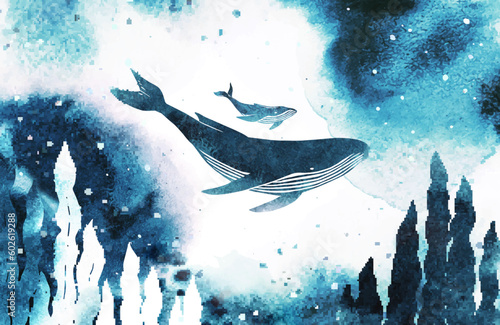 Watercolor humpback whale with baby. Vector silhouette of a big whales and sea plants under the sea. All elements, textures are individual objects