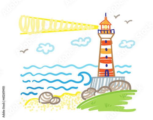 Children's drawing. Big lighthouse stands on the seashore. In cartoon style. Isolated on white background. Vector illustration