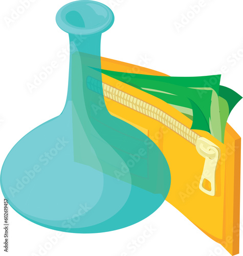 Alcohol sale icon isometric vector. Transparent decanter near open money wallet. Restaurant, cafe, business