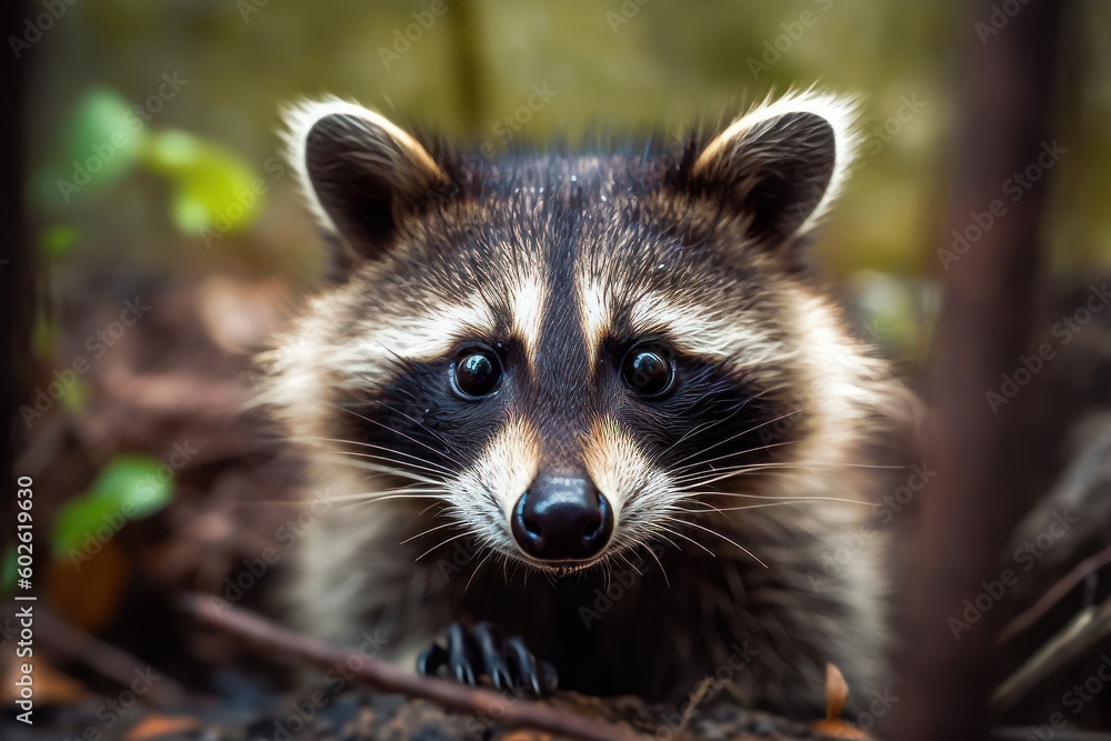 Curious raccoon peering into the camera
