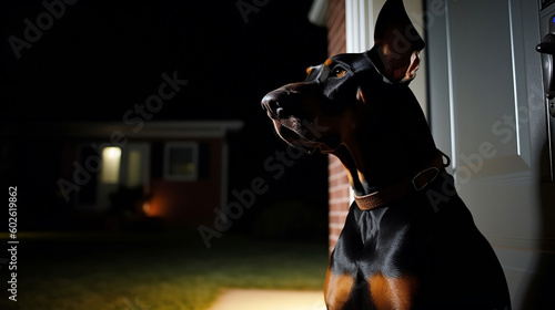 A Doberman guard dog protecting its owner's home on a dark and eerie night. Generative AI