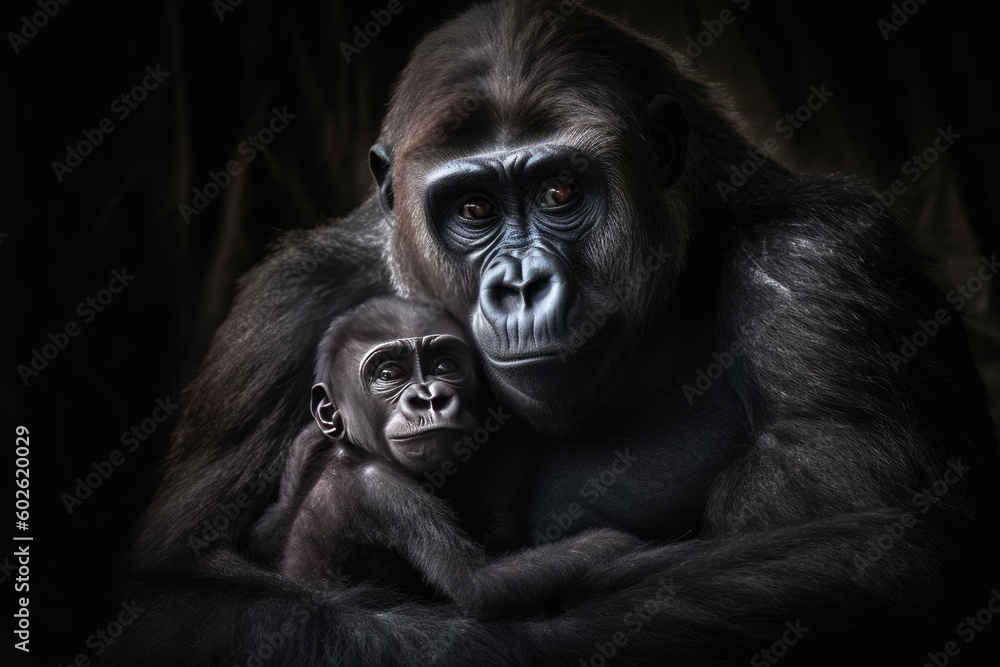 Fototapeta premium Gorilla mother cuddling her baby