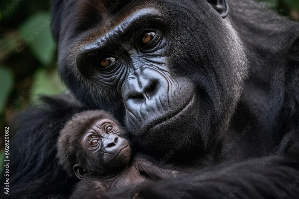 Gorilla mother cuddling her baby Gorilla mother cuddling her baby