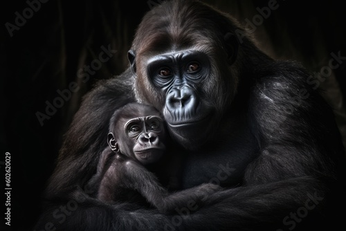Gorilla mother cuddling her baby