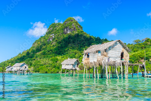 Beautiful landscapes view borneo sea gypsy water village in Bodgaya Island, Semporna Sabah, Malaysia.