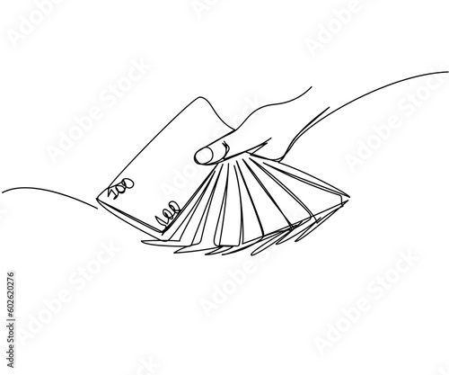 Bundle of money in hand, 100 dollars, hryvnia, euro one line art. Continuous line drawing of bank, money, finance, financial, payment, data, savings, economic, wealth, credit