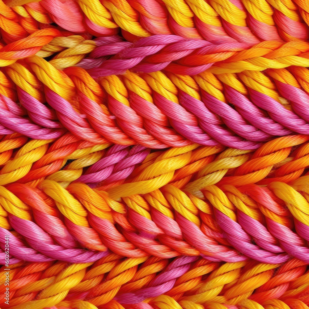 Yellow Orange Pink Pattern Of Ropes Close Up Very Detailed Tile Seamless Background. Generative AI