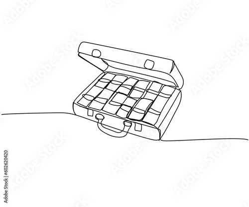 Suitcase with money, winnings, bribe, ransom money, cash, banknotes, dollars, hryvnia, euro one line art. Continuous line drawing of bank, money, finance, financial, payment, data, savings
