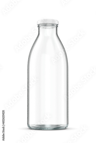 Empty glass milk bottle isolated. Transparent PNG image.