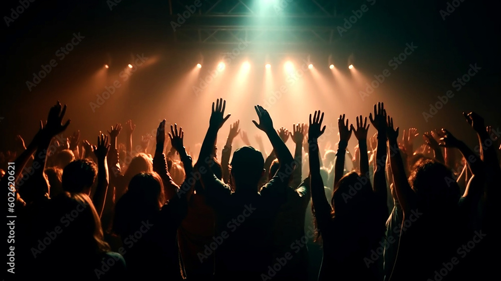 crowd with raised hands in front of stage lights