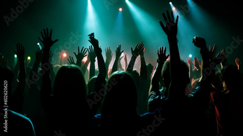 crowd with raised hands in front of stage lights