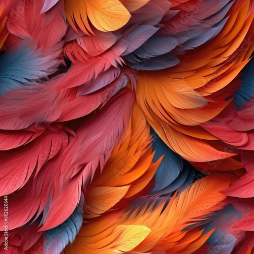 Very Detailed Feathers Pastel Red Orange Yellow Tones Tile Seamless Background. Generative AI © Ян Заболотний