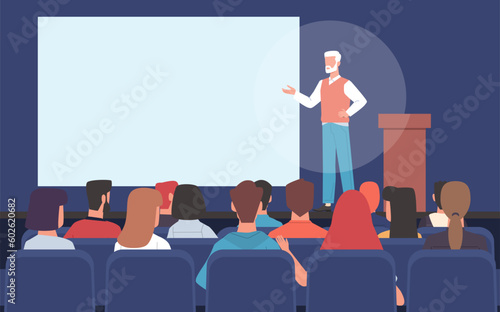 Man conducts presentation of new product or business training. Sitting people back view, blank empty poster. Mentor teaching workers. Seminar audience cartoon flat style vector concept