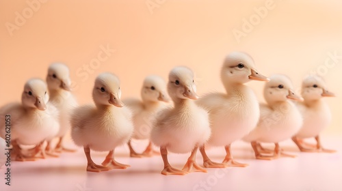 Ducklings in a Row on Pastel Pink Studio Background © AI