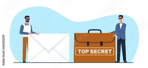 Man hands over secret documents in briefcase and receives letter envelope of money in return. Confidential information, safe and seal files. Cartoon flat style isolated vector concept