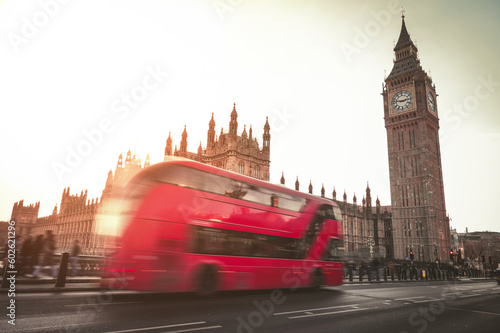 London Red Bus with Big Ben in the background.