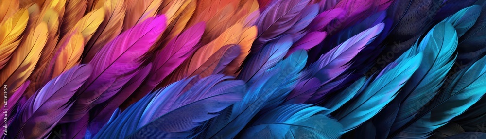 Very Detailed Feathers Pastel Black Tones Panoramic Banner. Generative AI