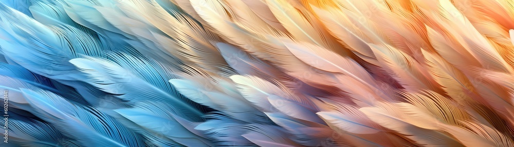 Very Detailed Feathers Pastel Gold Tones Panoramic Banner. Generative AI