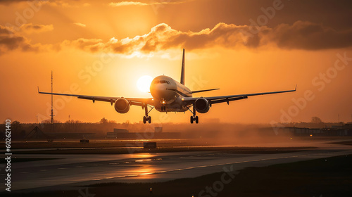  Airplane landing on runway at sunset. Passenger plane taking off from runway. Generated AI