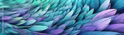 Very Detailed Feathers Pastel Green Purple Tones Panoramic Banner. Generative AI