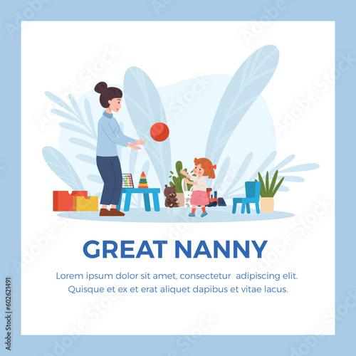 Nanny banner or card with child and babysitter have fun, vector illustration.
