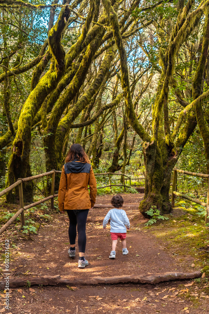 Mother and son walking in the natural park of Garajonay in La Gomera, Canary Islands Mother and son walking in the natural park of Garajonay in La Gomera, Canary Islands