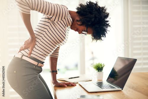 Obraz na plátně Business, laptop and woman with back pain, burnout and health issue with injury, accident and inflammation