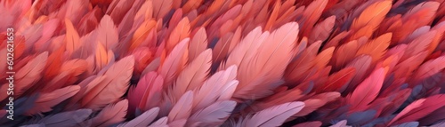 Very Detailed Feathers Pastel Red Pink Orange Tones Panoramic Banner. Generative AI