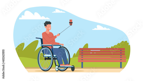Man in wheelchair takes selfies in city park. Happy character with disabilities walking, taking photos, disabled boy blogger make content. Cartoon flat style isolated vector concept