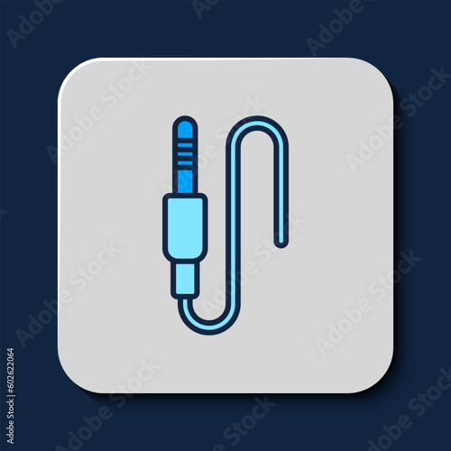 Filled outline Audio jack icon isolated on blue background. Audio cable for connection sound equipment. Plug wire. Musical instrument. Vector