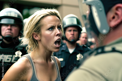 Portrait of young angry woman activist shouting and defying against riot policeman with helmet in a manifestation. Social protest concept. Generative AI.