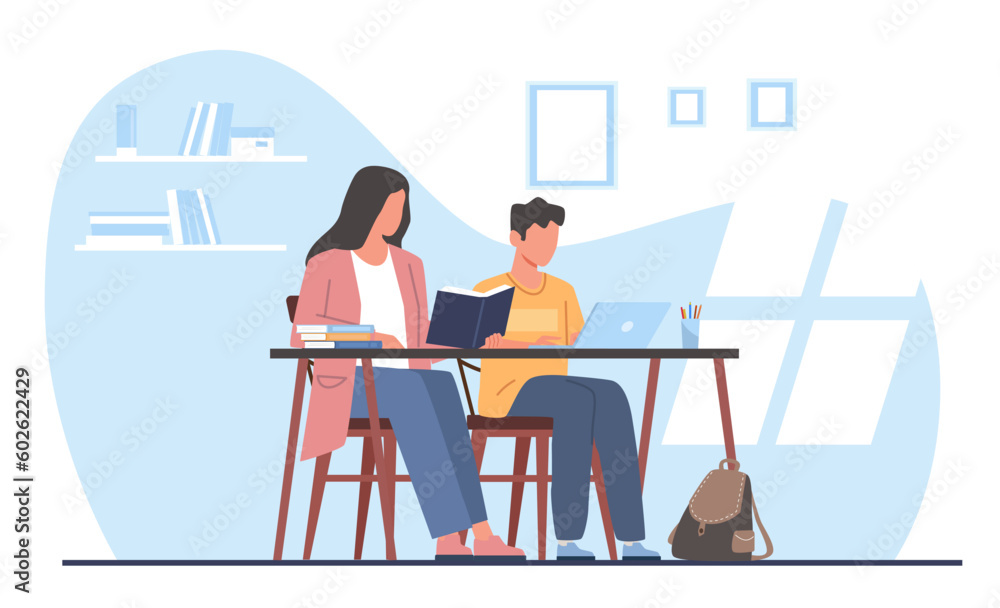 Mom helps her son do his homework. Mother with kid sitting at desk with books. Clever boy studying at home, schoolchild learning with parent. Cartoon flat style isolated vector concept