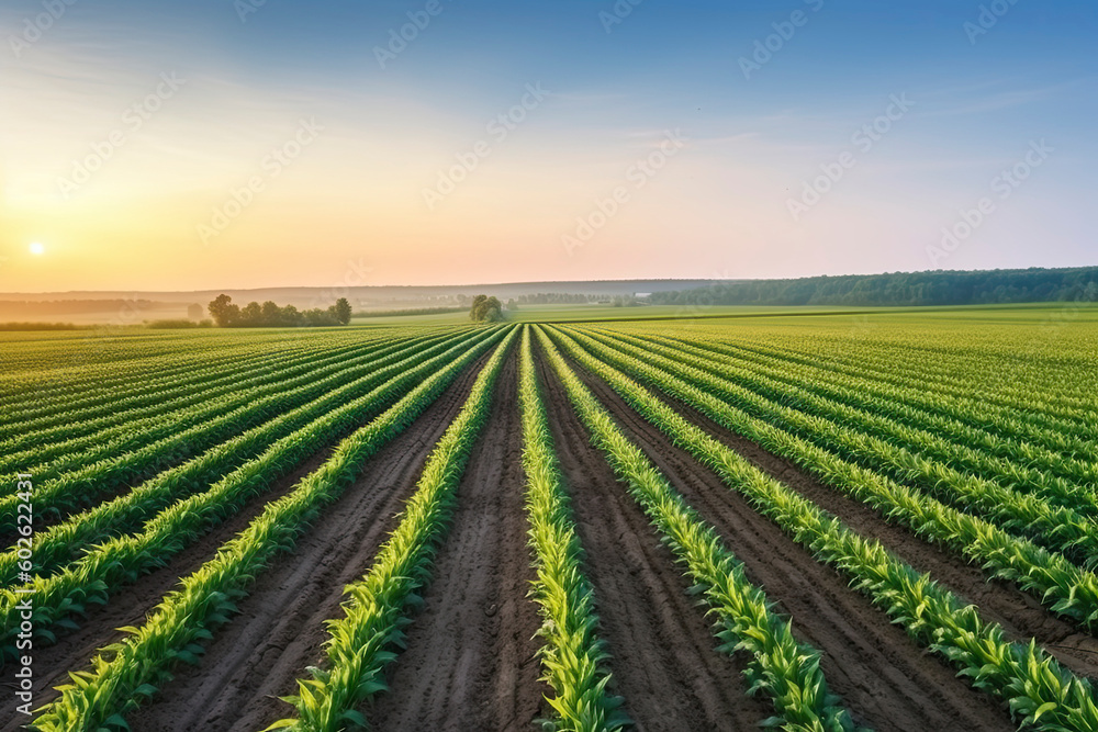 Field with rows of young corn. Morning rural landscape