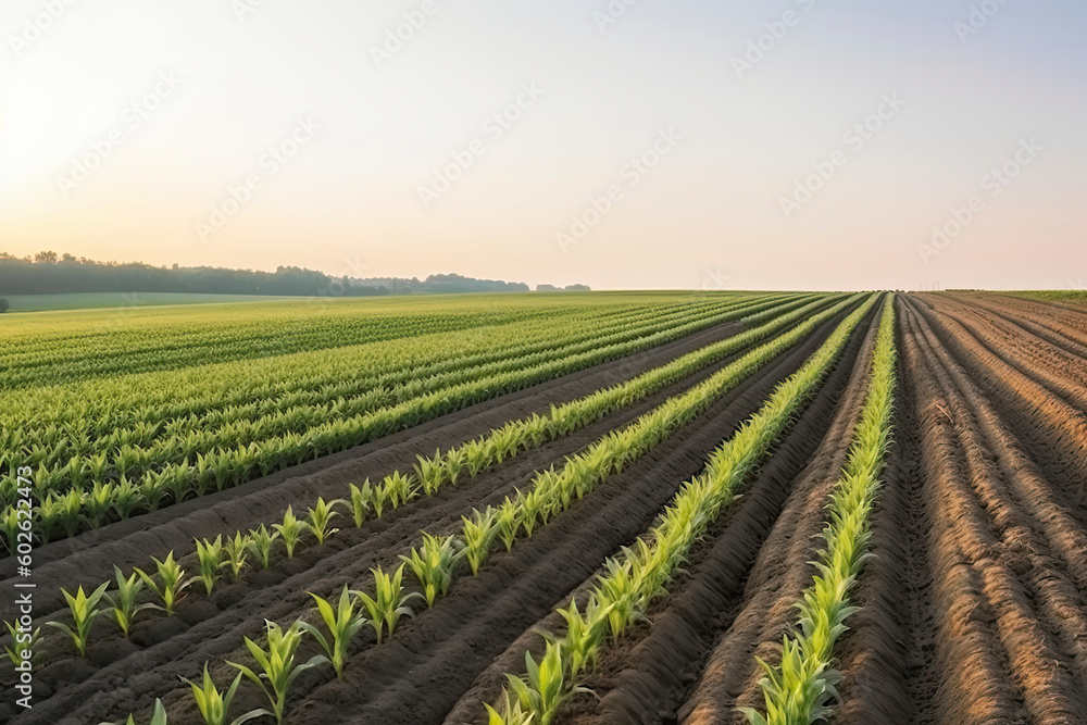 Field with rows of young corn. Morning rural landscape