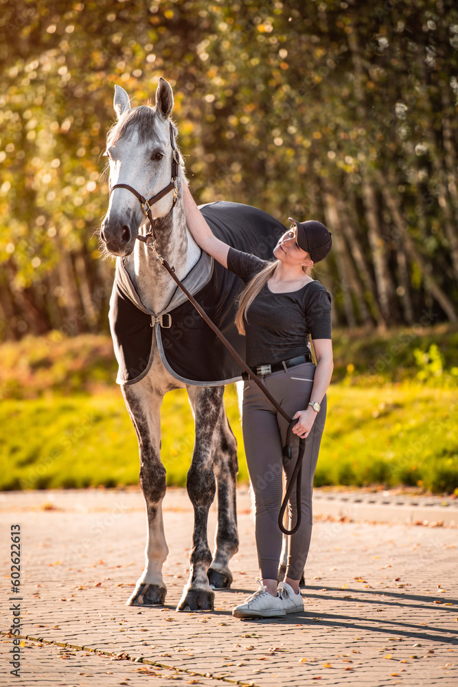Female equestrian horse rider patting her gray horse. Female equestrian horse rider patting her gray horse.