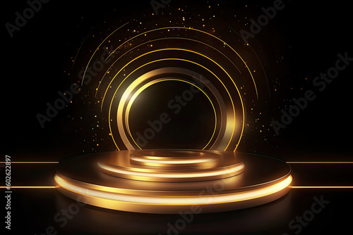 Golden round metal circle rings leading to podium. Shining abstract background with gold glitter. Yellow shiny circular lines. Modern futuristic graphic vector illustration. Glowing decoration
