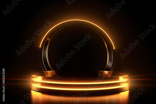 Golden round metal circle rings leading to podium. Shining abstract background with gold glitter. Yellow shiny circular lines. Modern futuristic graphic vector illustration. Glowing decoration