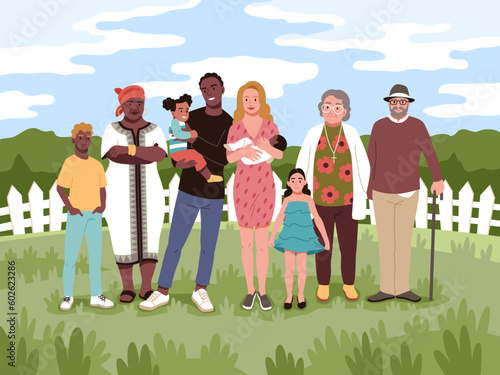 Multiracial happy family. Relatives of different ethnic groups, mixing of nationalities, parents, children and grandparents in countryside, european and african, tidy vector cartoon concept
