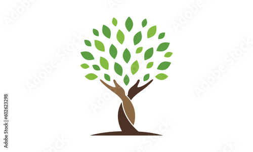 Human hands and tree with green leaves. Logo, symbol, icon, illustration, vector, template, design