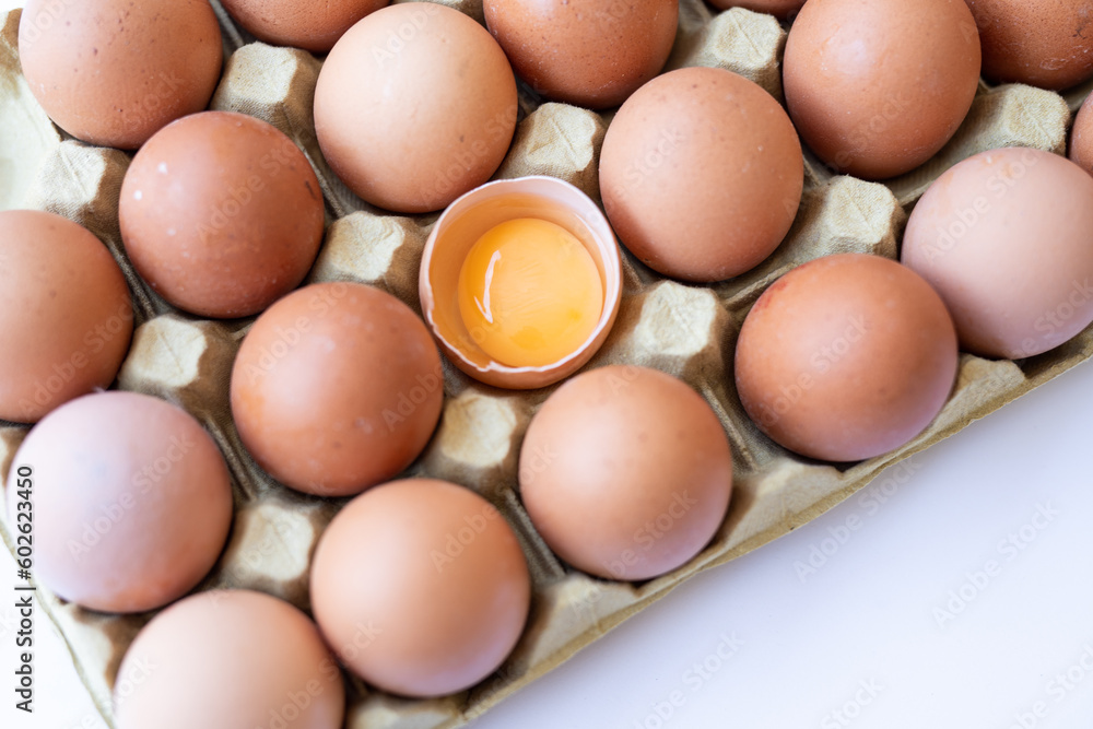 Fresh chicken brown eggs in a tray on a white background Fresh chicken brown eggs in a tray on a white background