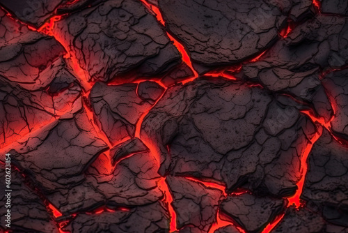 Heat red cracked ground texture burning after volcano eruption. Molten active lava texture background