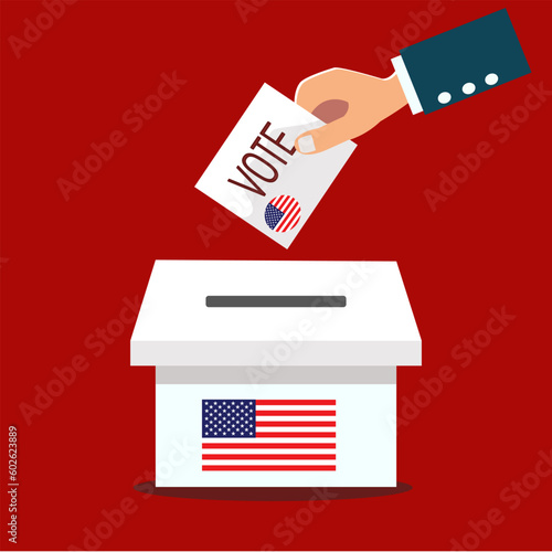 Businessman holding paper for selection voting ballot box with U.S.A Flag.