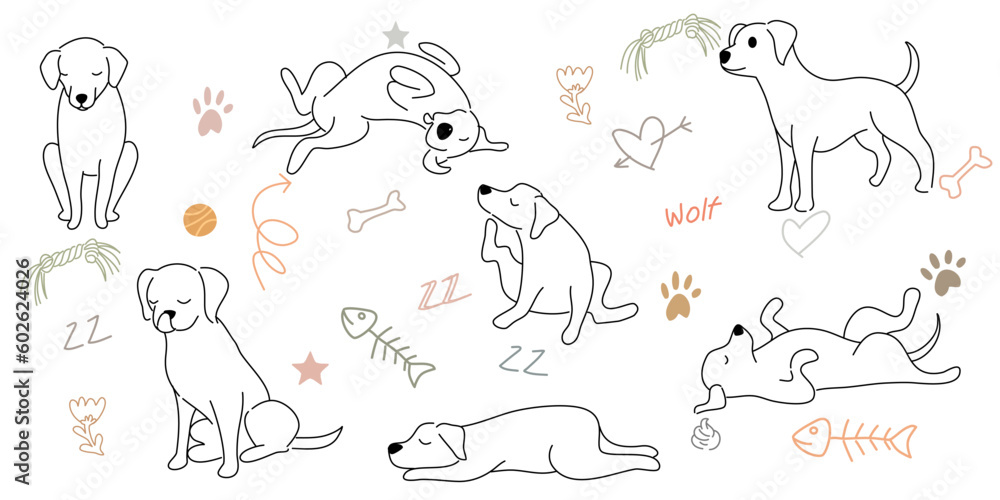 Doodle Cartoon dog illustration set in different poses. Cute sitting, running and lying vector dog isolated on white background