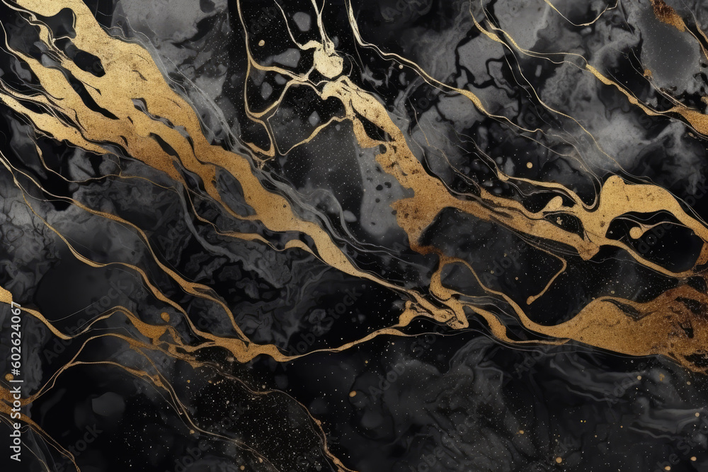 Black marble texture with gold viens. Fluid black golden marbled background. Luxury modern backdrop for banner, invitation, greeting card. Generative ai illustration