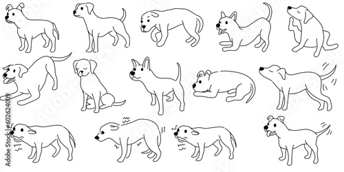 Doodle Cartoon dog illustration set in different poses. Cute sitting, running and lying vector dog isolated on white background