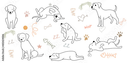Doodle Cartoon dog illustration set in different poses. Cute sitting, running and lying vector dog isolated on white background