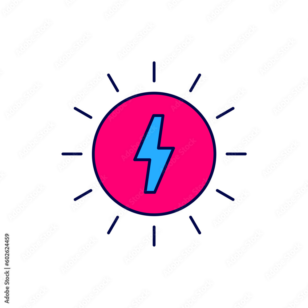 Filled outline Solar energy panel icon isolated on white background. Sun with lightning symbol. Vector Filled outline Solar energy panel icon isolated on white background. Sun with lightning symbol. Vector