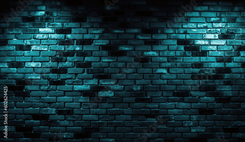 Black brick wall background with blue cyan neon lighting effect. Glowing lights in the dark on empty brick wall background. ai 