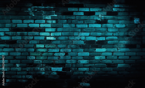 Black brick wall background with blue cyan neon lighting effect. Glowing lights in the dark on empty brick wall background. ai 